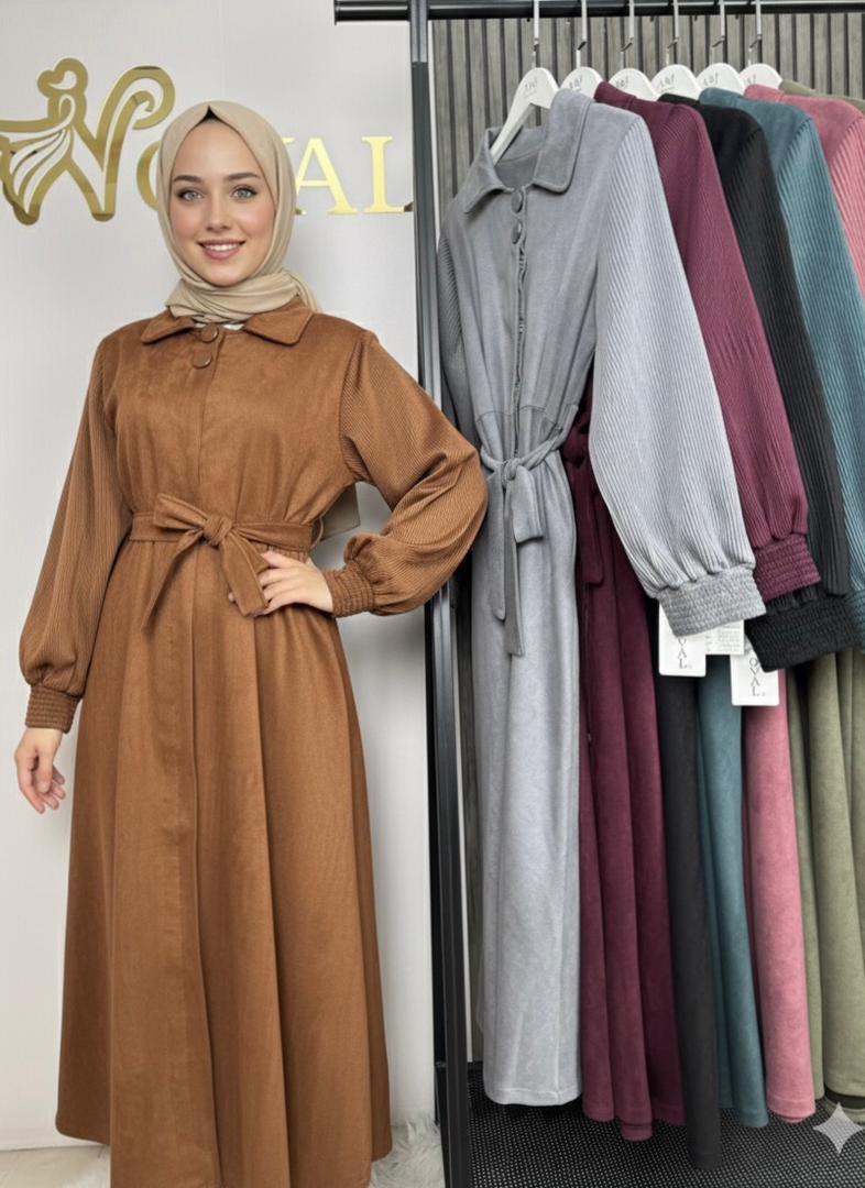 فستان قماش سويد كم مكسر